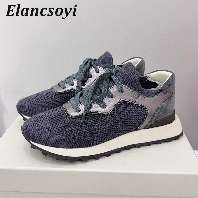 أحذية مسطحة للنساء سلسلة حبة ا - مراجعة Knit Fabric Lace Up Sneakers وسعره
